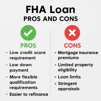 Visual summary of FHA loan pros and cons, highlighting benefits and drawbacks for potential homebuyers.  