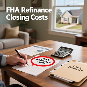 Calculator and paperwork on a desk showing FHA refinance closing costs breakdown.