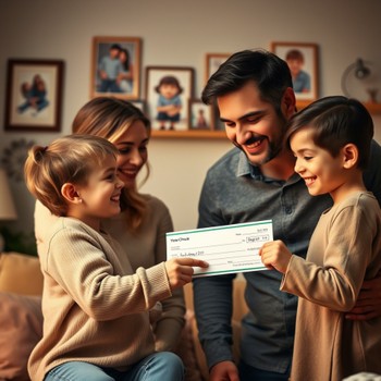 A joyful family smiles together while proudly holding a large gift check, celebrating a meaningful achievement.