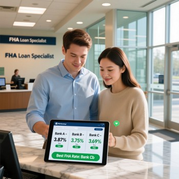 FHA loan specialists assist clients at the front desk, ready to help with securing the best FHA loan rates.  