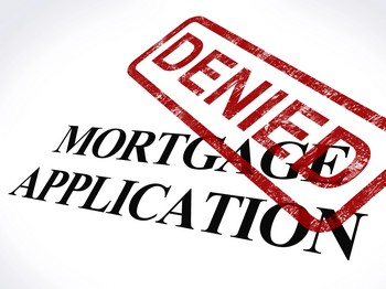 A red stamp reads 'Denied Mortgage Application' with the note 'FHA loan denied' prominently displayed.