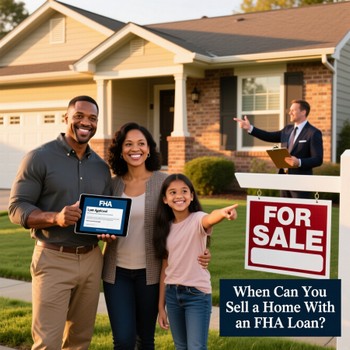 Homeowners gesturing towards a for sale sign, contemplating what properties can be sold using an FHA loan.